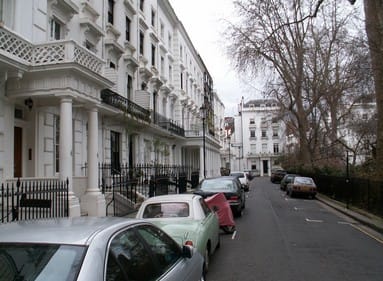 empty street with cars parked in London, England