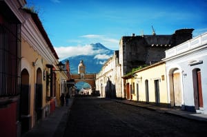 la antigua, guatemala view from a town on a huge mountain