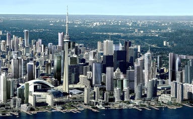 downtown toronto with skyscrapers bird s eye view